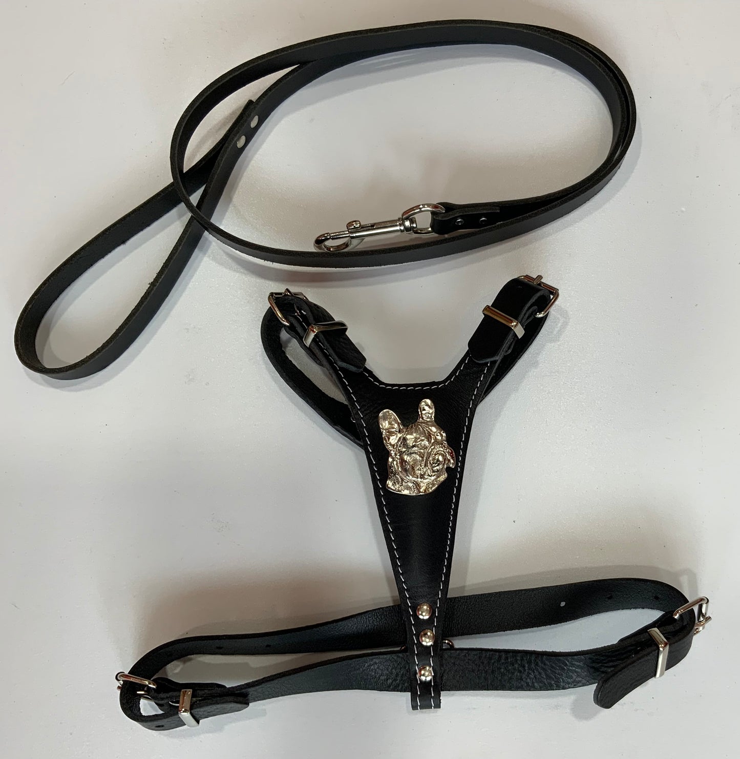 French bulldog leather harness and lead set
