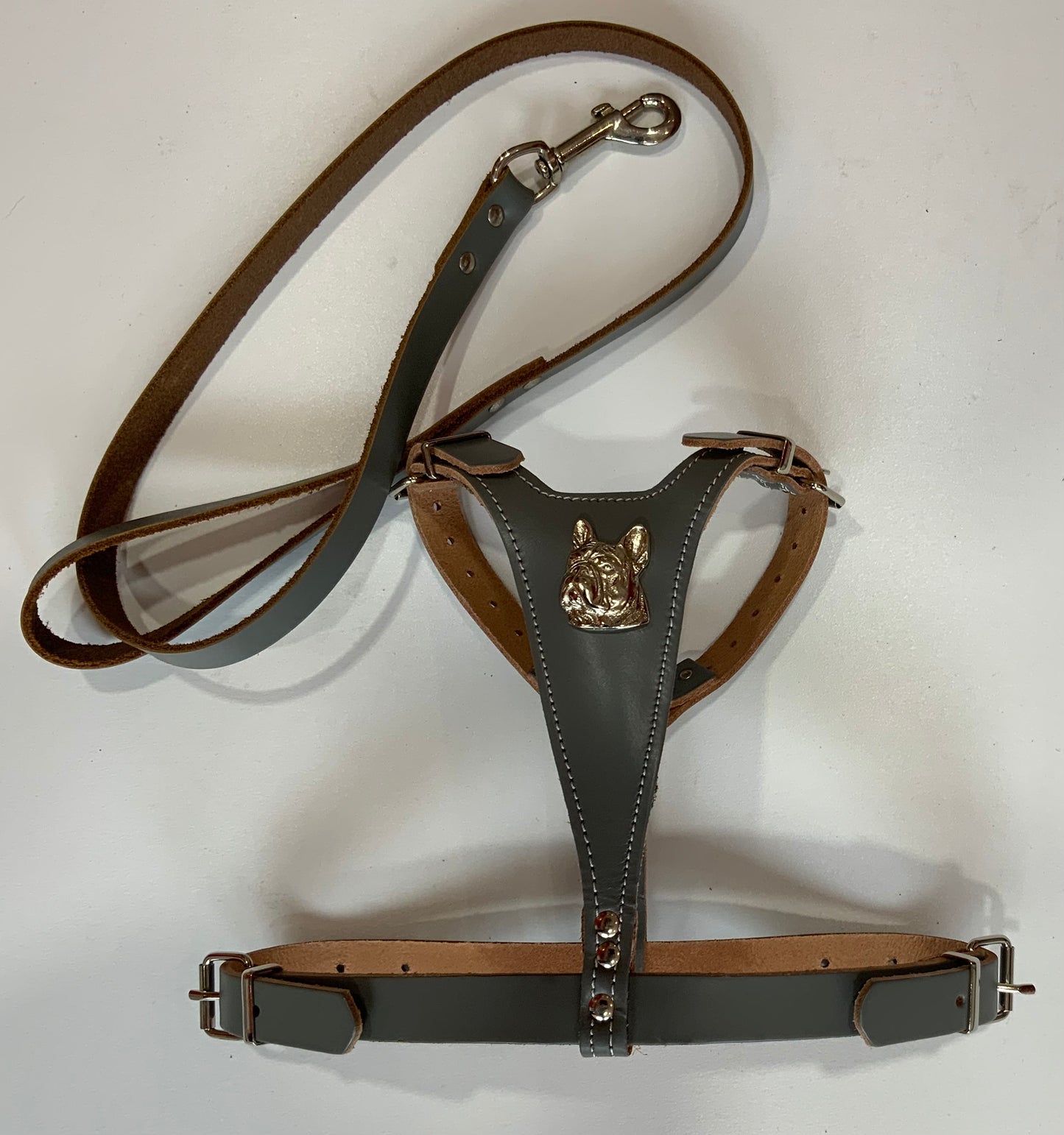 French bulldog leather harness and lead set